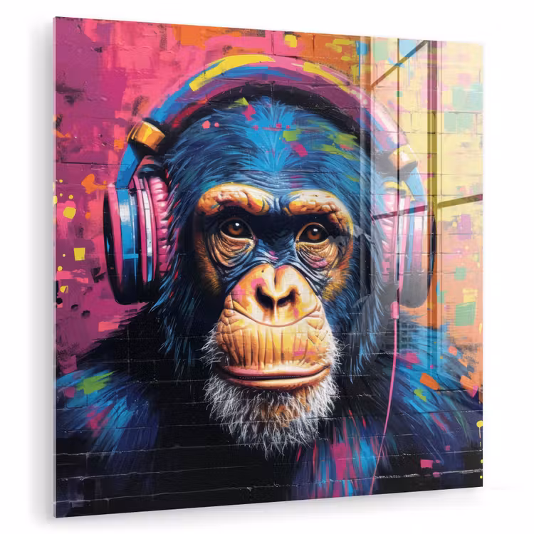 Glas schilderij - Graffiti - Chimpanzee - Street art - Koptelefoon - Aap — 1