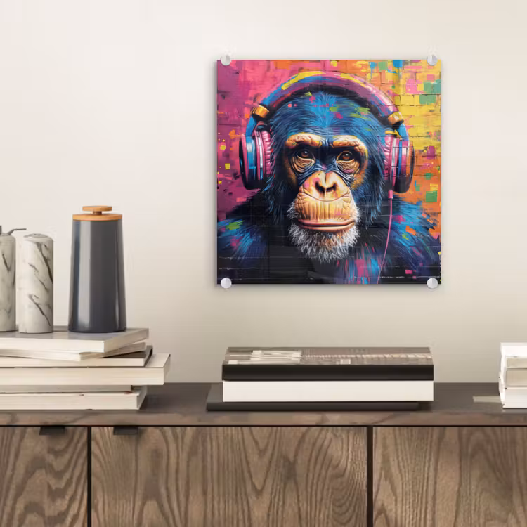 Glas schilderij - Graffiti - Chimpanzee - Street art - Koptelefoon - Aap — 2