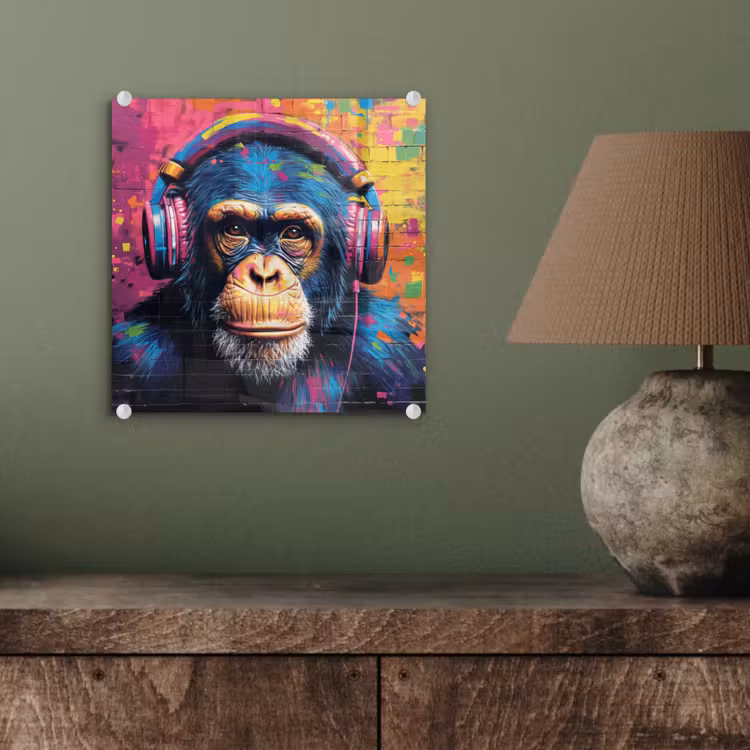 Glas schilderij - Graffiti - Chimpanzee - Street art - Koptelefoon - Aap — 4