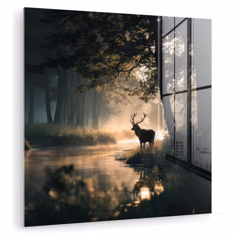Glas schilderij - Hert - Bosbeek - Mystiek — 1