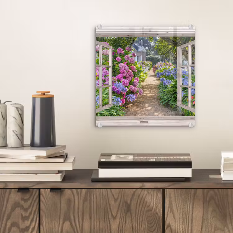 Glas schilderij - Hortensia - Doorkijk - Bloemen - Zomer - Paars - Pad — 2