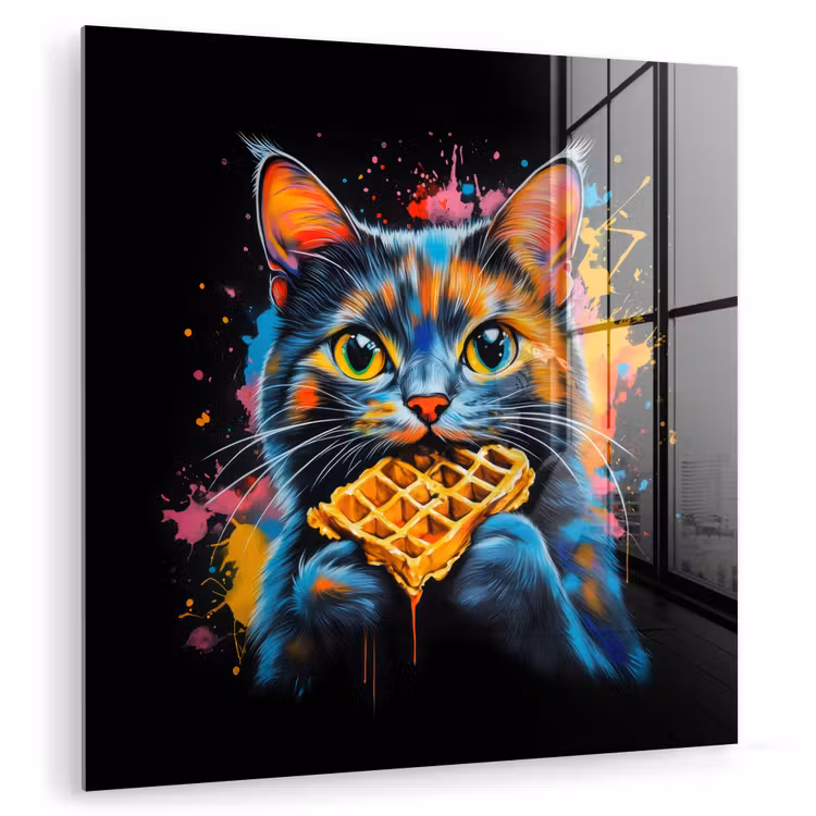 Glas schilderij - Kat - Graffiti - Kleurrijk - Wafel - Eten — 1
