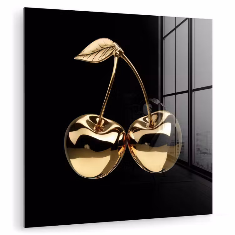 Glas schilderij - Kersen - Zwart - Goud - Chrome — 1