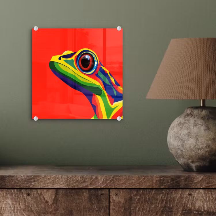 Glas schilderij - Kikker - Kleurrijk - Strepen - Ogen — 4