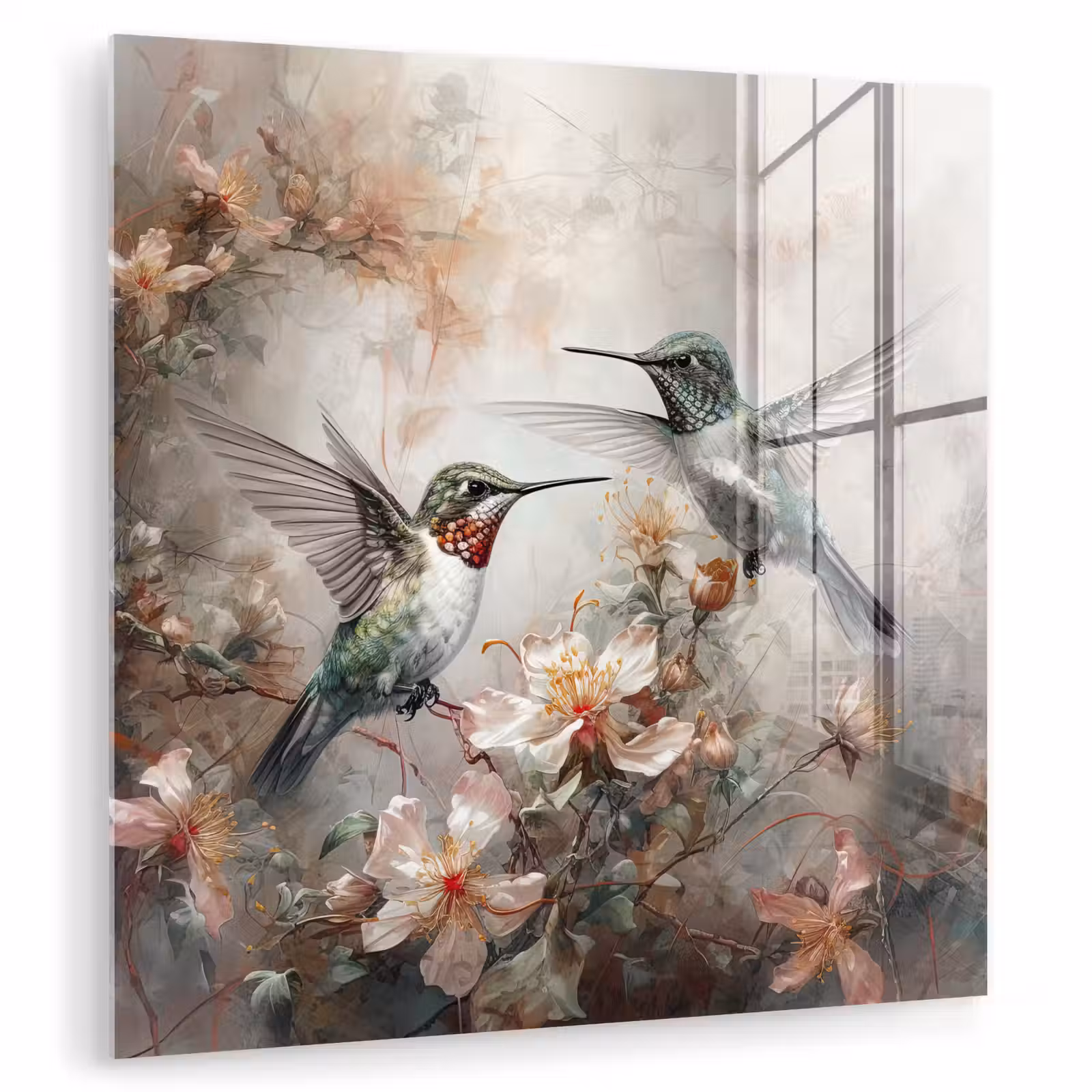 Glas schilderij - Kolibrie - Vogels - Bloemen - Planten — 1