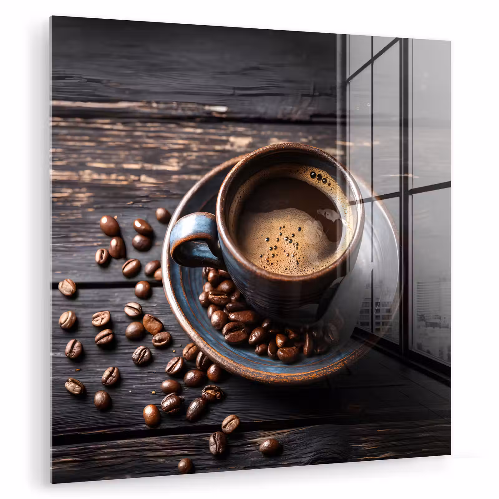 Glas schilderij - Kop - Koffie - Hout - Bonen — 1