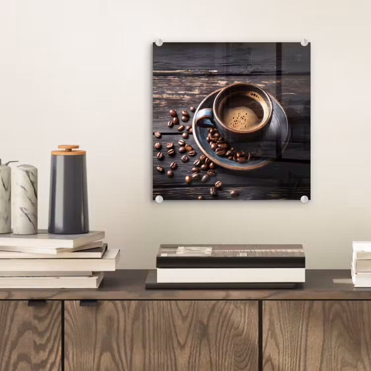 Glas schilderij - Kop - Koffie - Hout - Bonen — 2