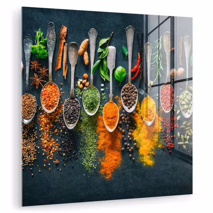 Glas schilderij - Kruiden - Specerijen - Lepels — 1