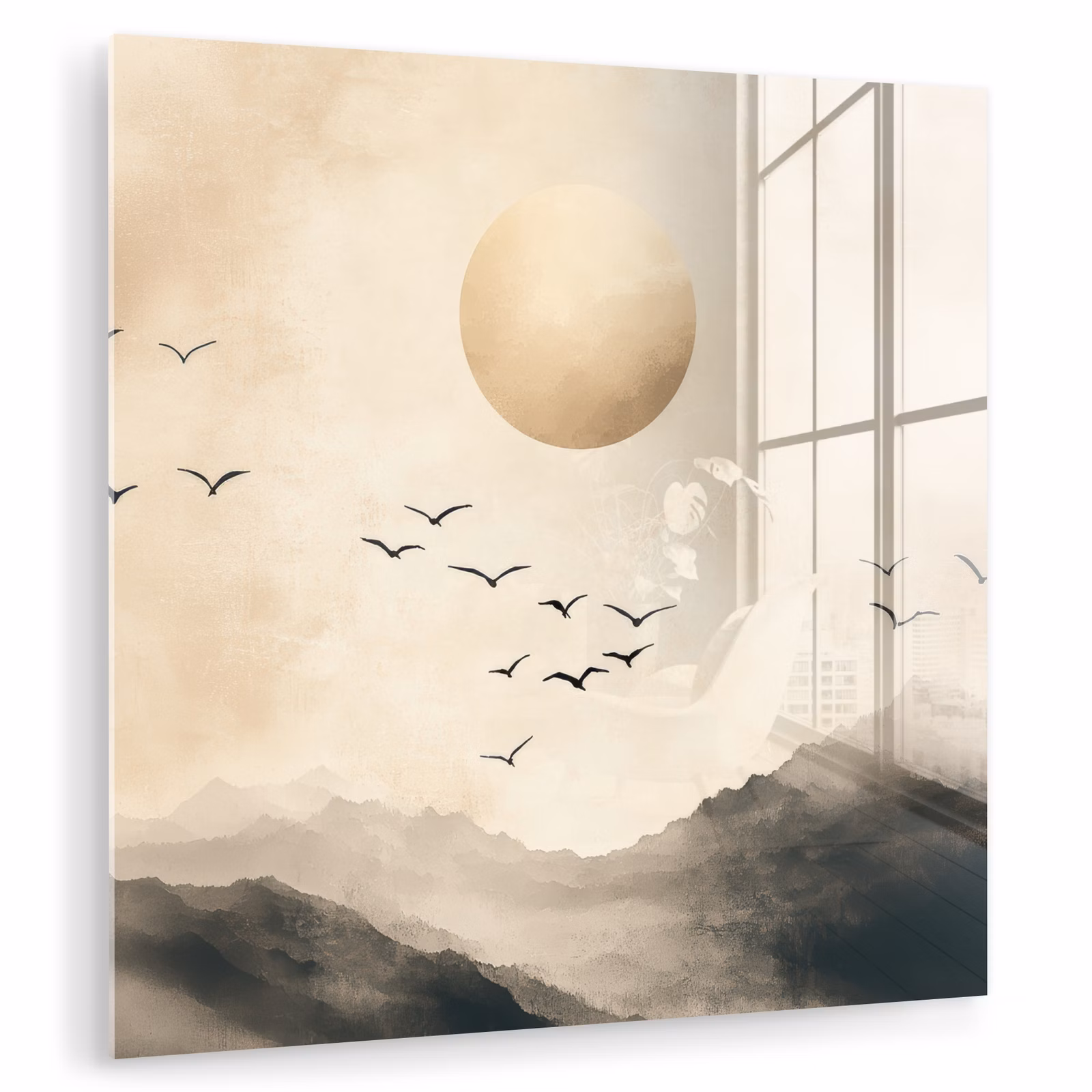 Glas schilderij - Landschap - Japandi - vogel — 1