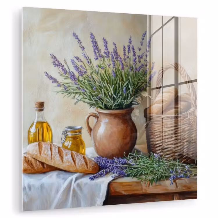 Glas schilderij - Lavendel - Brood - Stilleven — 1