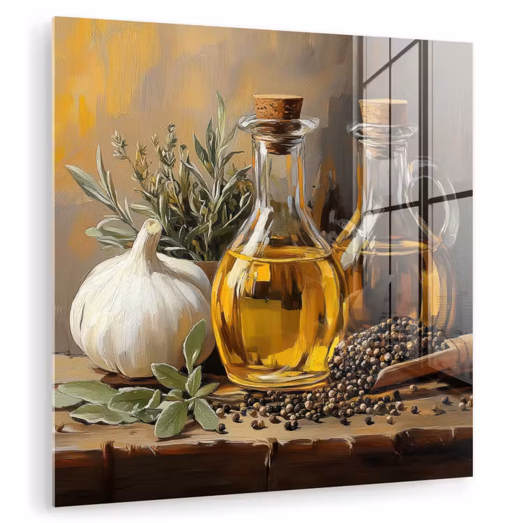 Glas schilderij - Stilleven - Olijfolie - Knoflook - Kruiden — 1