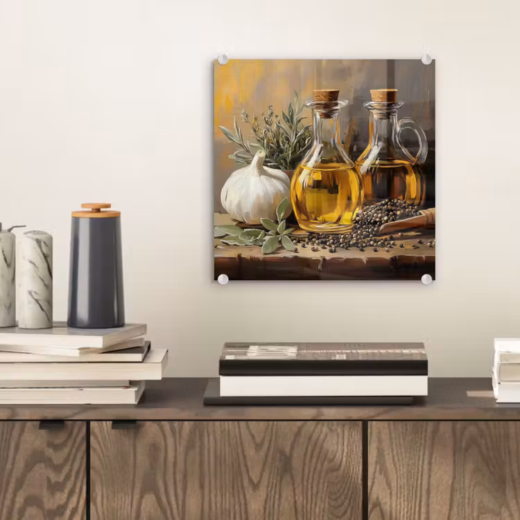 Glas schilderij - Stilleven - Olijfolie - Knoflook - Kruiden — 2