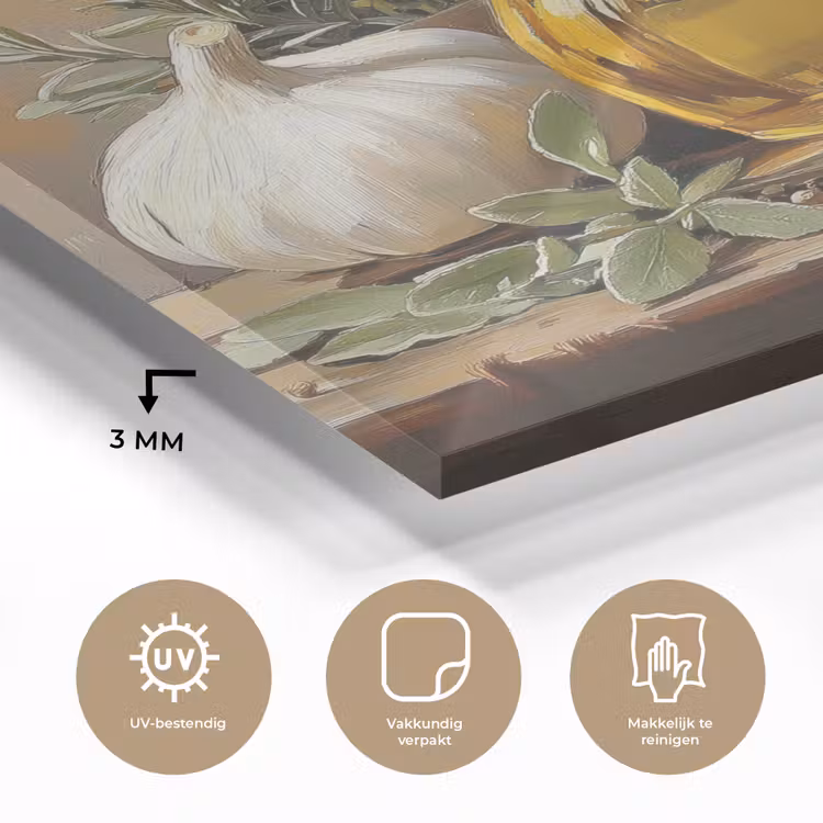 Glas schilderij - Stilleven - Olijfolie - Knoflook - Kruiden — 3