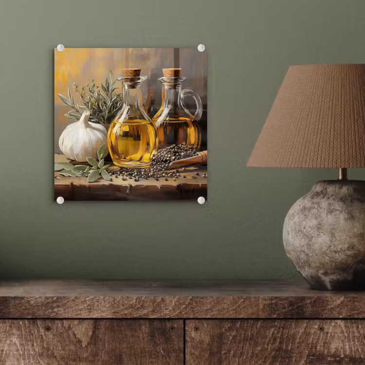 Glas schilderij - Stilleven - Olijfolie - Knoflook - Kruiden — 4