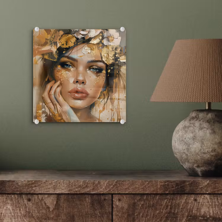 Glas schilderij - Vrouw - Bloemen - Goud - Portret — 4