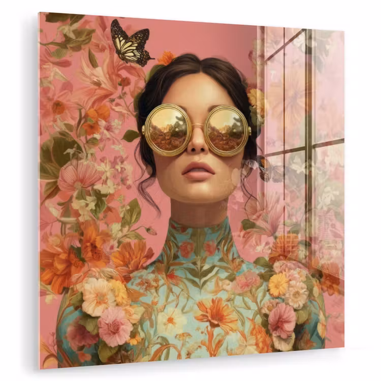 Glas schilderij - Vrouw - Bril - Roze - Bloemen — 1