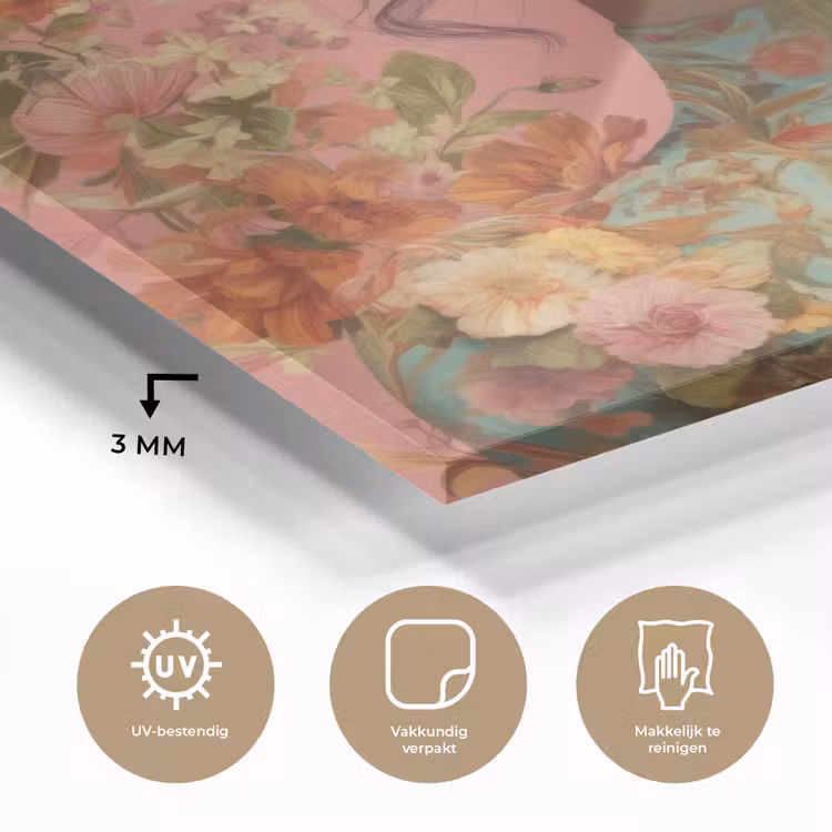 Glas schilderij - Vrouw - Bril - Roze - Bloemen — 3