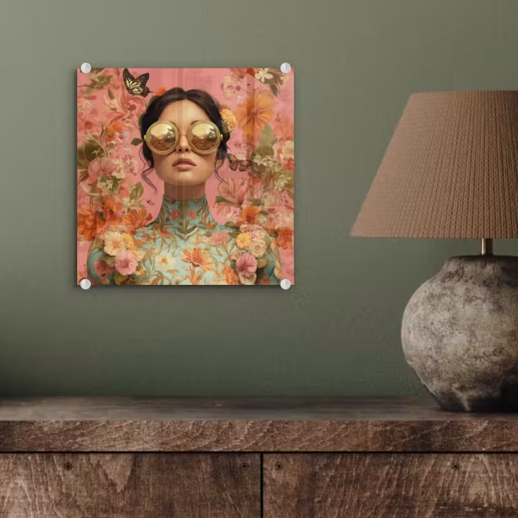 Glas schilderij - Vrouw - Bril - Roze - Bloemen — 4