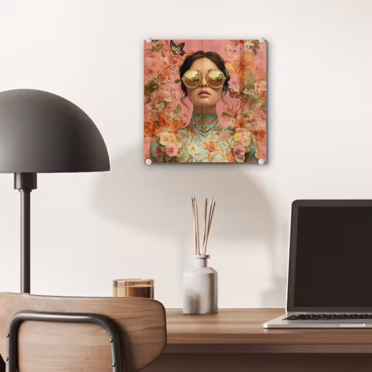 Glas schilderij - Vrouw - Bril - Roze - Bloemen — 7