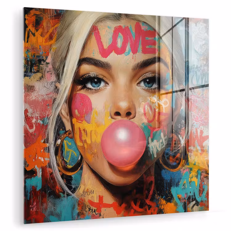 Glas schilderij - Vrouw - Kauwgom - Graffiti - Love — 1