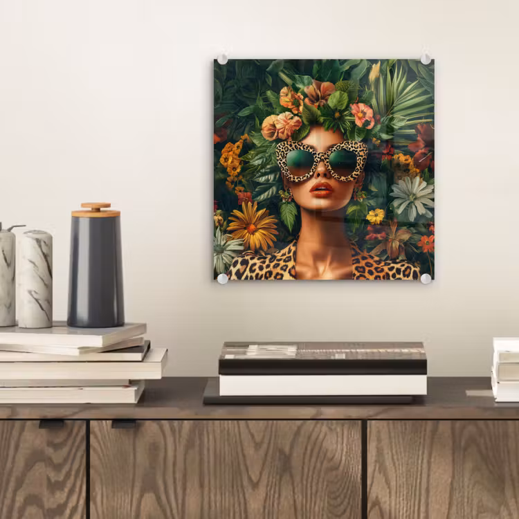 Glas schilderij - Vrouw - Panterprint - Jungle - Natuur - Luxe — 2
