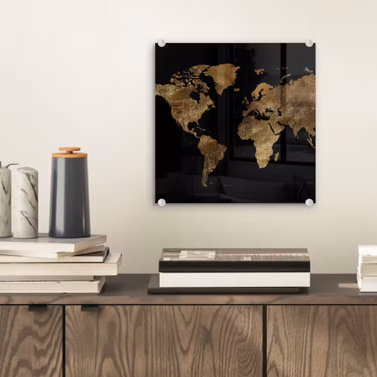 Glas schilderij - Wereldkaart - Goud - Luxe - Aarde - Zwart — 2