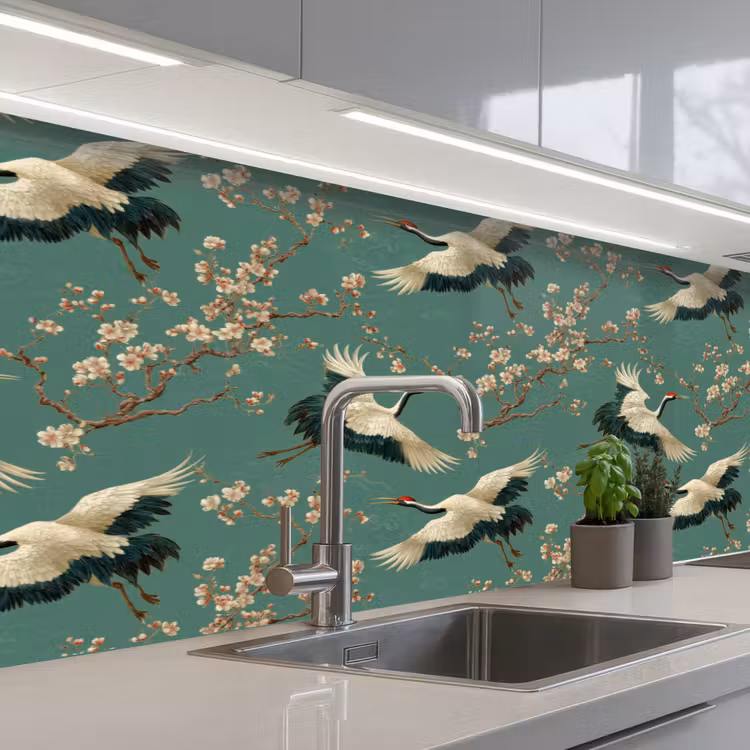 Keuken achterwand - Kersenbloesem - Kraamvogels - Groen — 2