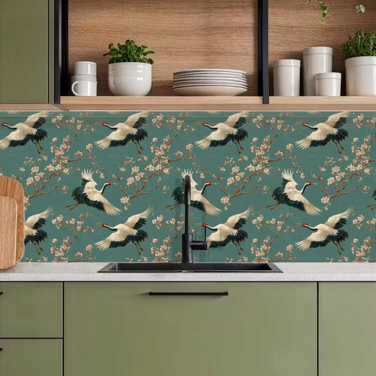 Keuken achterwand - Kersenbloesem - Kraamvogels - Groen — 8