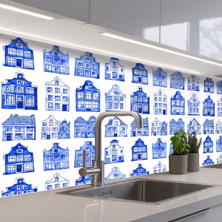 Keuken achterwand - Patroon - Huizen - Blauw — 2