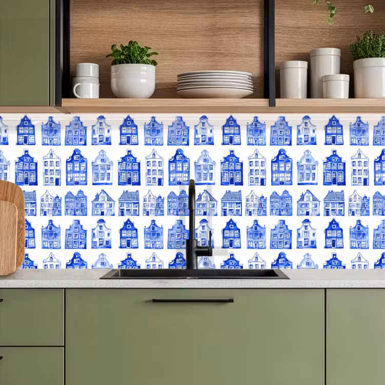 Keuken achterwand - Patroon - Huizen - Blauw — 8