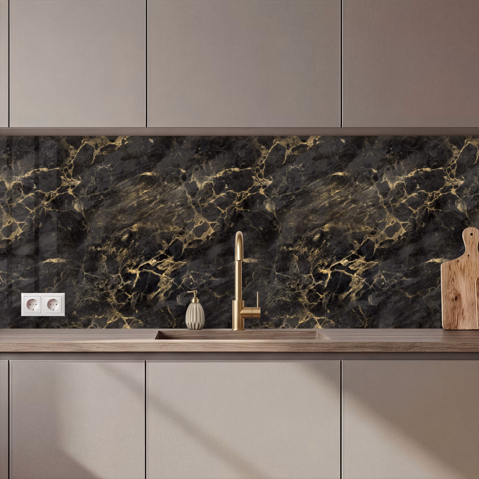 Keuken achterwand - Zwart - Marmer - Goud - Nerf — 1