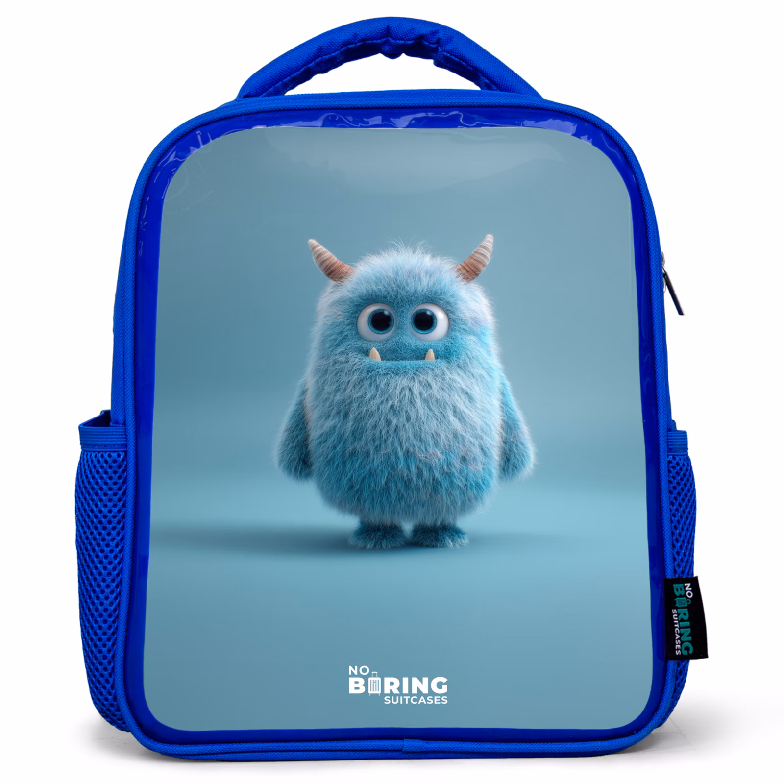 Rugzak kind - blauw - Blauw pluizig monster met hoorns — 1
