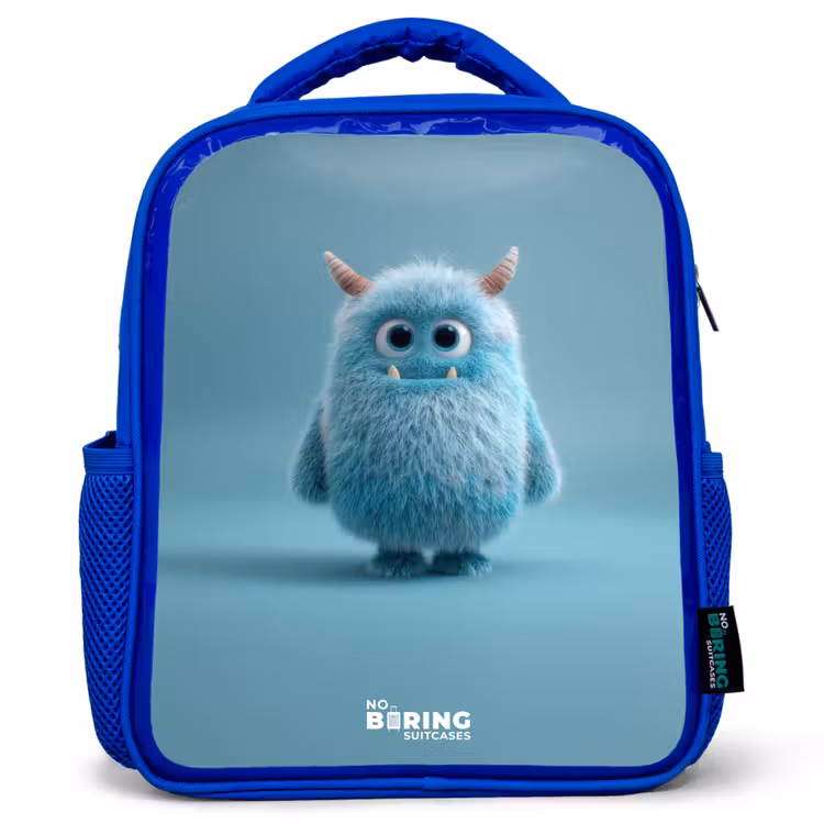 Rugzak kind - blauw - Blauw pluizig monster met hoorns — 1