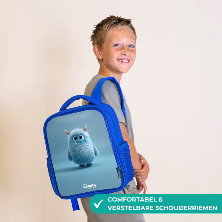 Rugzak kind - blauw - Blauw pluizig monster met hoorns — 4