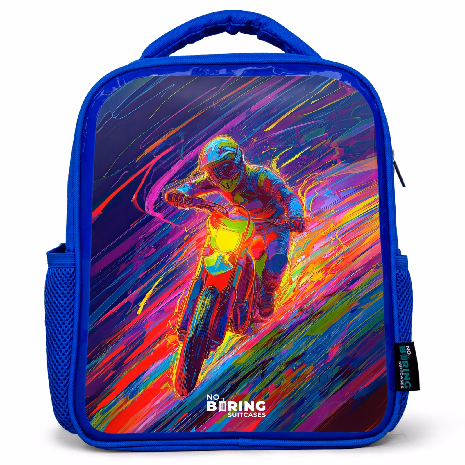 Rugzak kind met naam - Blauw Crossmotor - Neonkleuren - Lijnen - Helm — 1