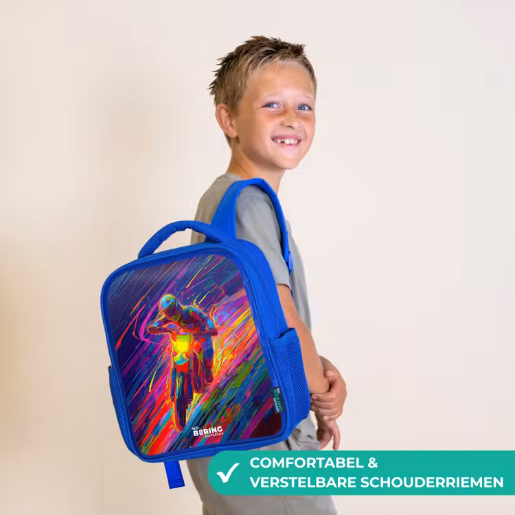 Rugzak kind met naam - Blauw Crossmotor - Neonkleuren - Lijnen - Helm — 4