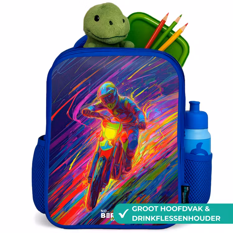 Rugzak kind met naam - Blauw Crossmotor - Neonkleuren - Lijnen - Helm — 6