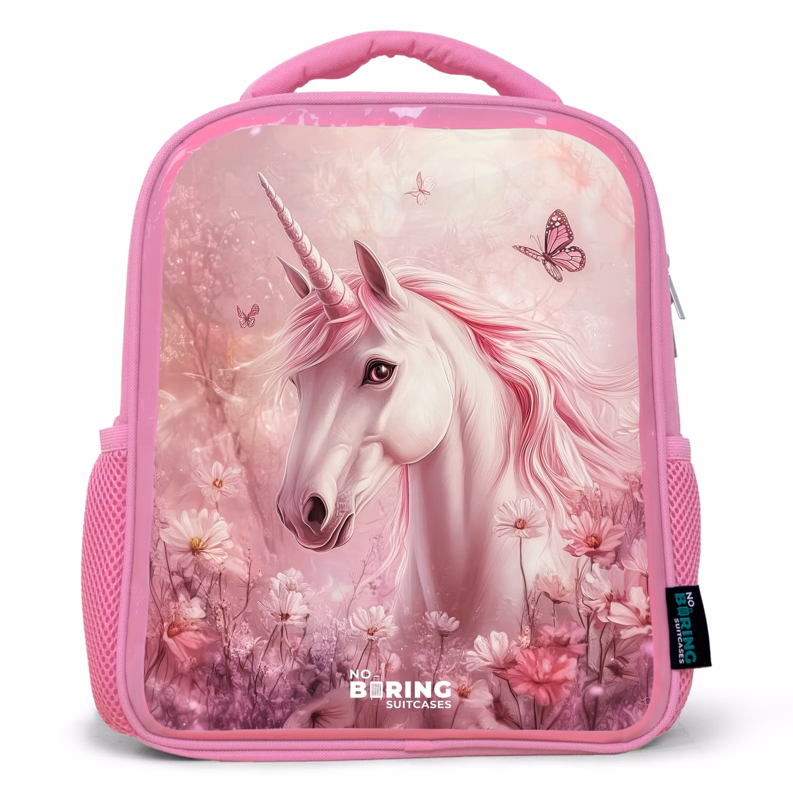 Rugzak kind met naam - Roze Eenhoorn - Roze - Vlinders - Bloemen — 1