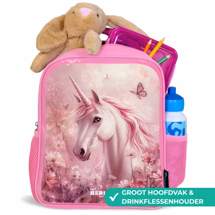 Rugzak kind met naam - Roze Eenhoorn - Roze - Vlinders - Bloemen — 2