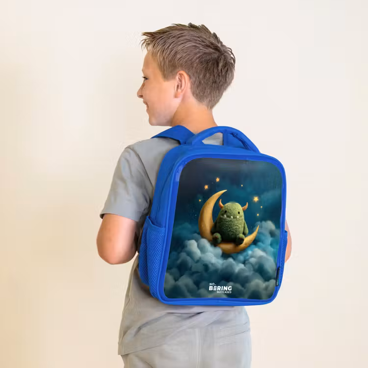 Rugzak kind - blauw - Groen monster op maansikkel — 3