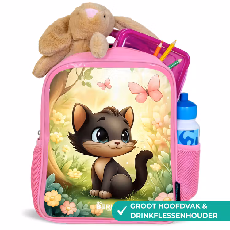 Rugzak kind met naam - Roze Kat - Vlinder - Bloemen — 2