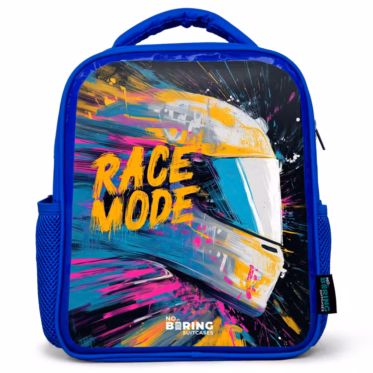 Rugzak kind met naam - Blauw Racehelm - Verfspatten - Penseelstreken - Race mode — 1