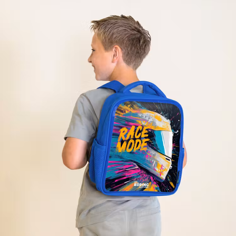 Rugzak kind met naam - Blauw Racehelm - Verfspatten - Penseelstreken - Race mode — 3