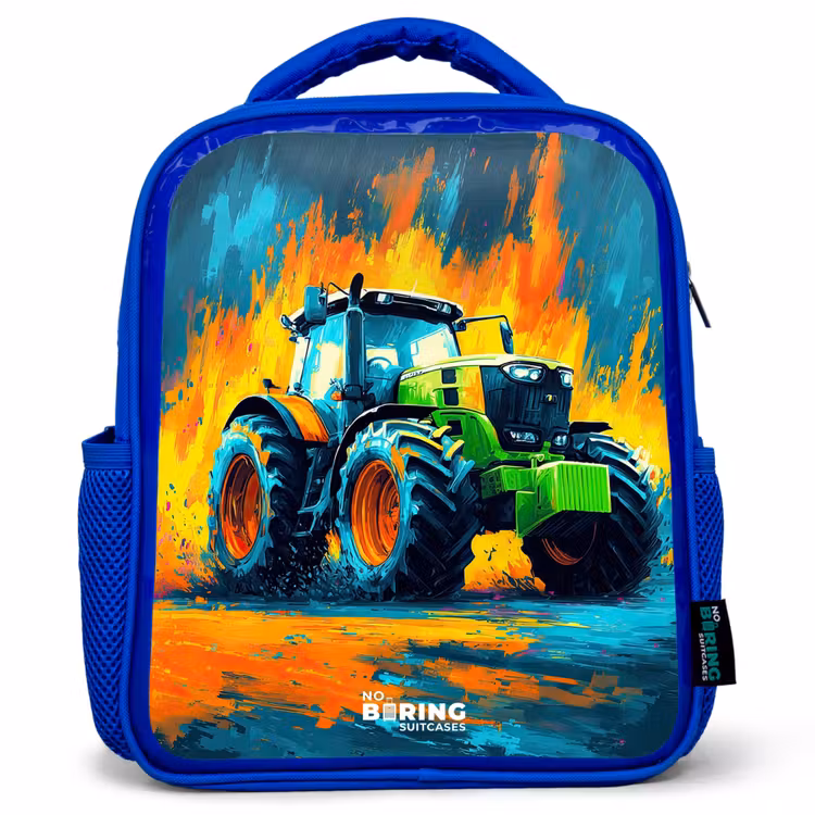 Rugzak kind met naam - Blauw Tractor - Groen - Abstract - Penseelstreken — 1