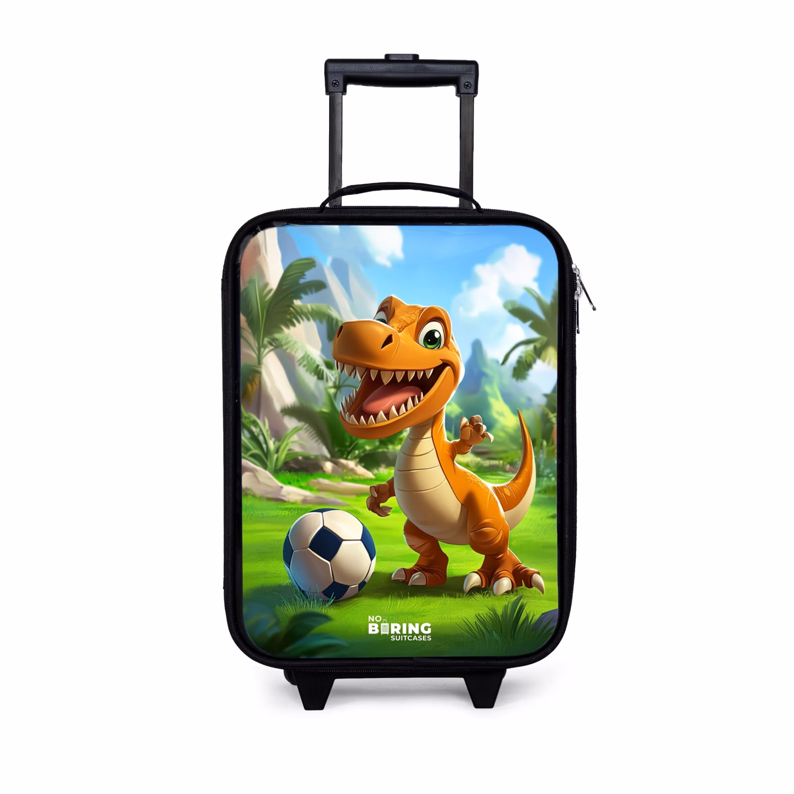 Kinderkoffer - Dino met een voetbal in groen landschap — 1