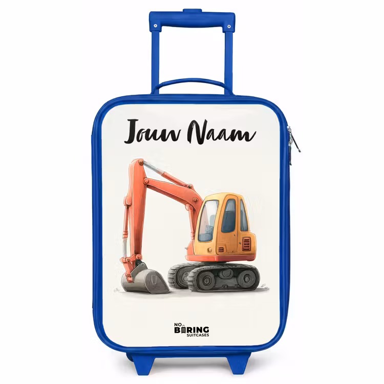 Kinderkoffer blauw met naam - Graafmachine - Getekend - Oranje — 1