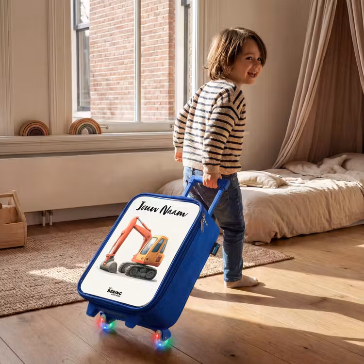 Kinderkoffer blauw met naam - Graafmachine - Getekend - Oranje — 3