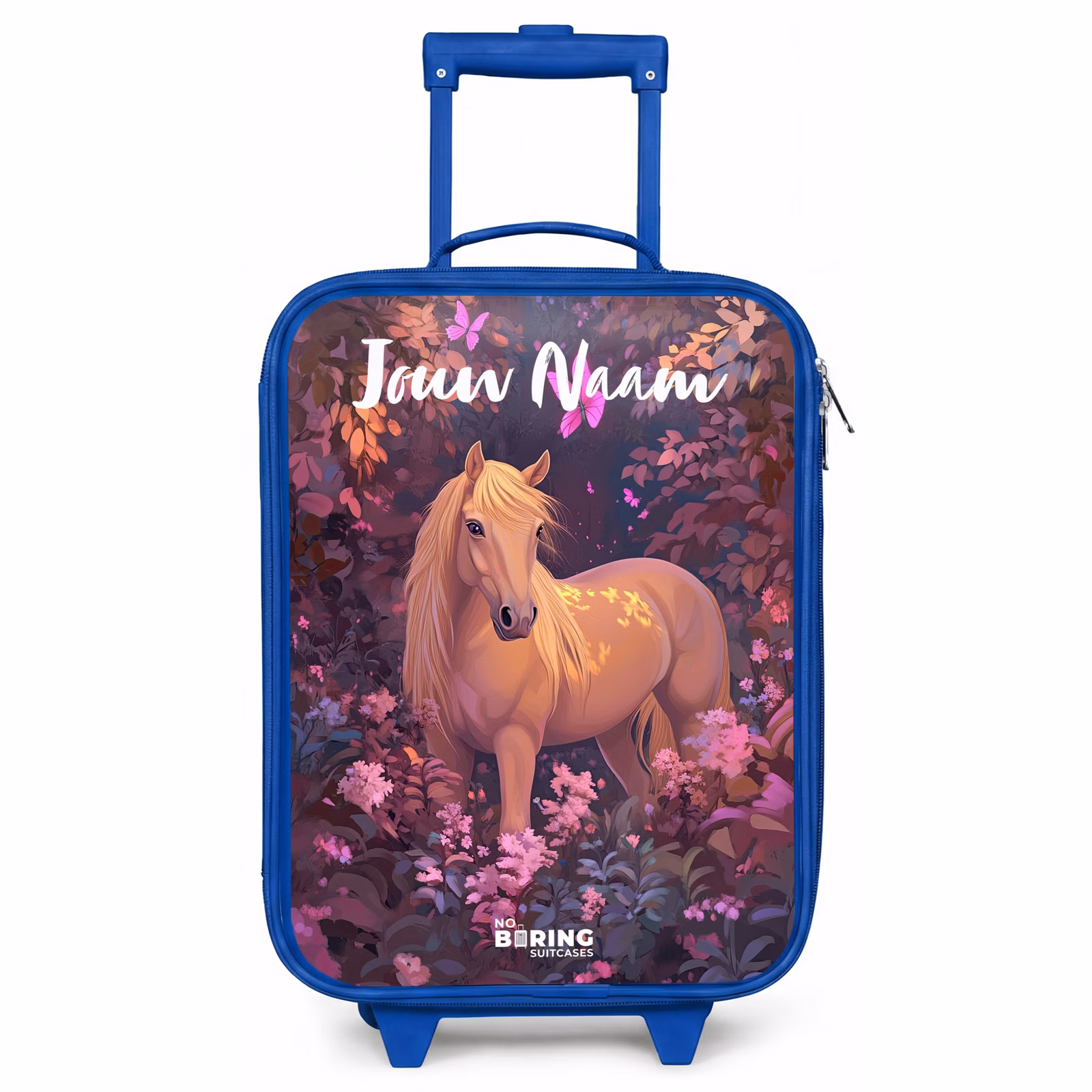 Kinderkoffer blauw met naam - Paard - Bloemen - Paars - Vlinder — 1