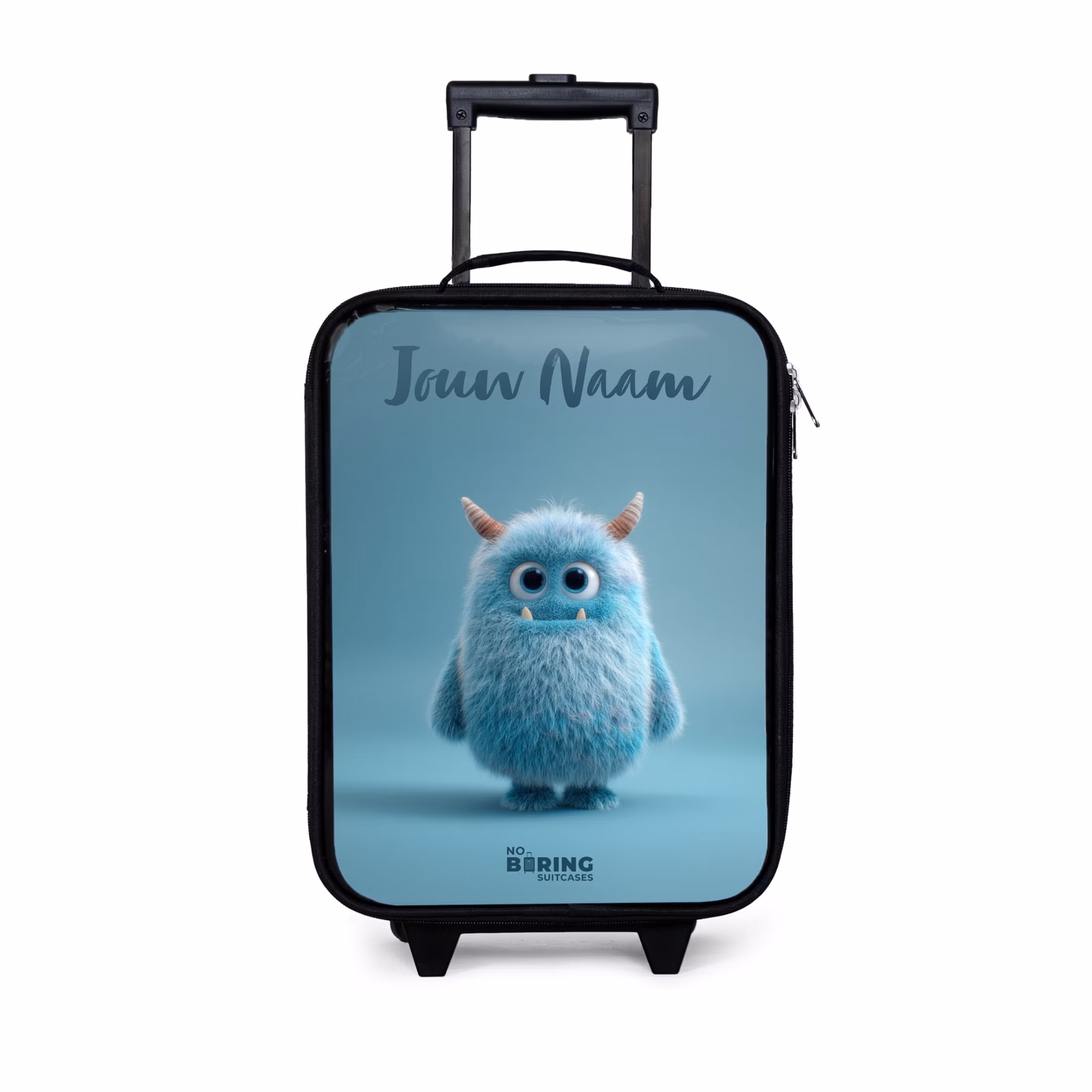 Kinderkoffer met naam - Blauw pluizig monster met hoorns — 1