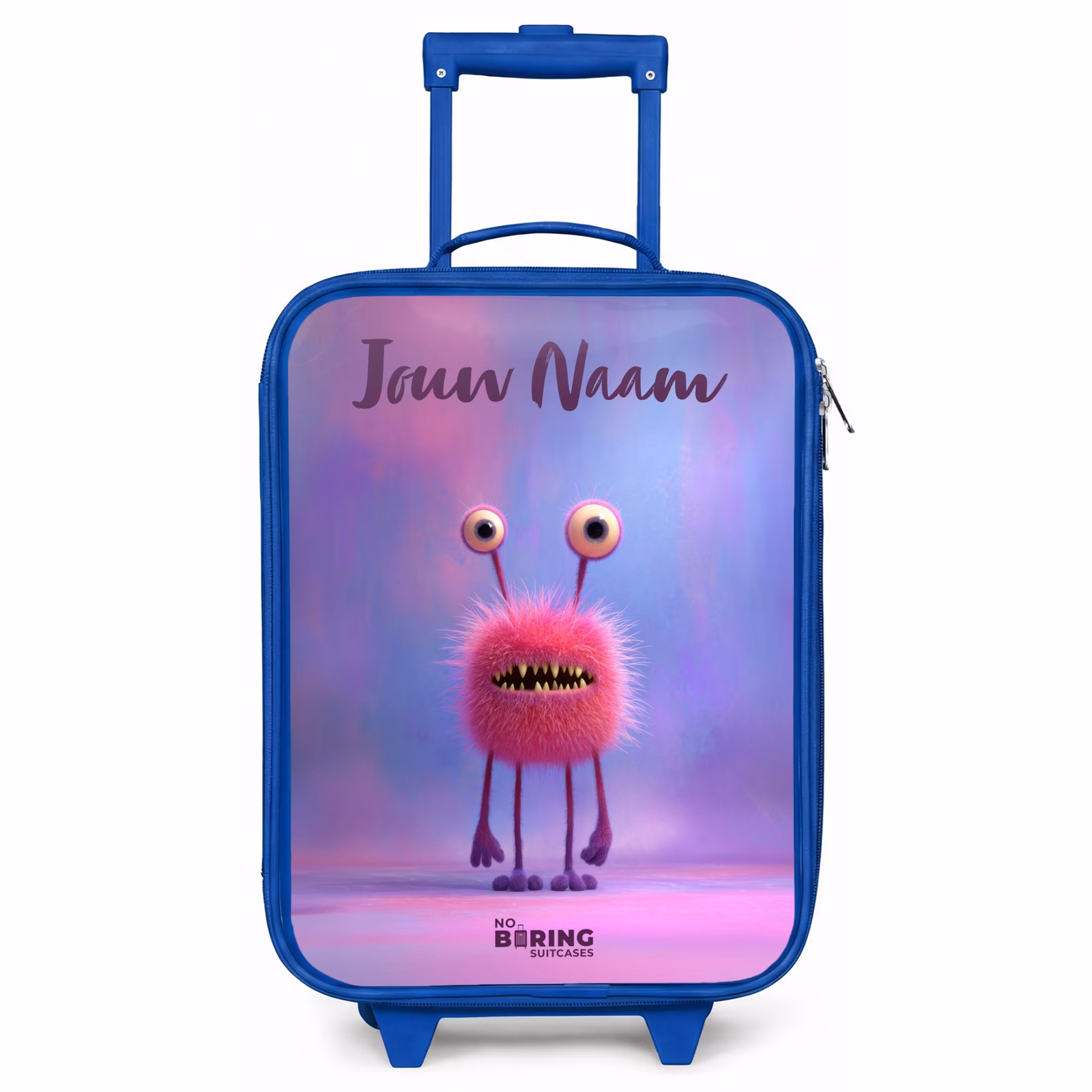 Kinderkoffer blauw met naam - Roze harig monster met grote ogen — 1